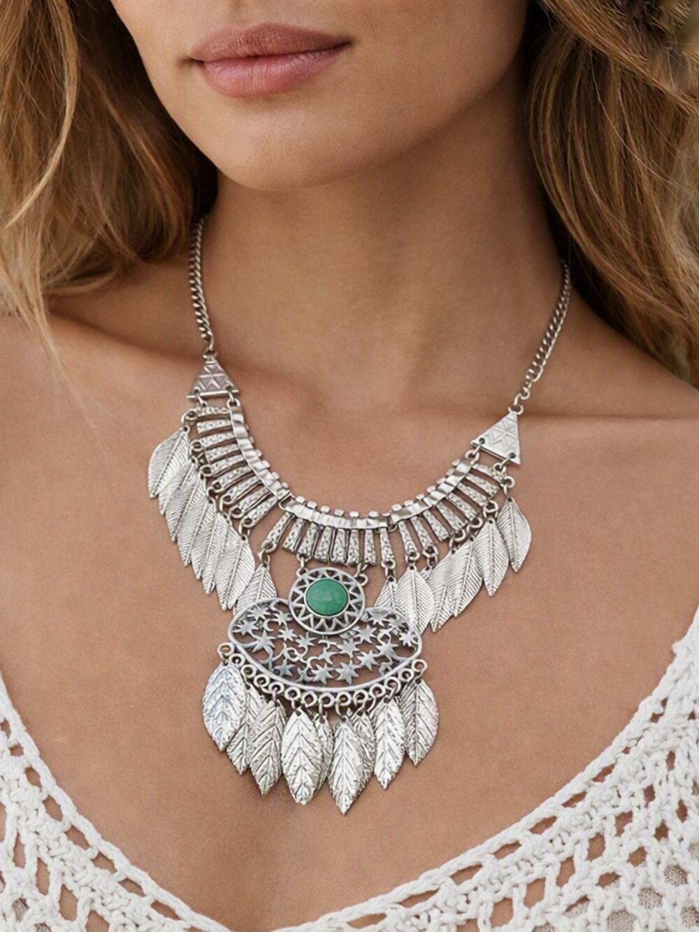 Boho Ethnic Silver Tone Feather & Turquoise Cabochon Layered Bib Choker Necklace
